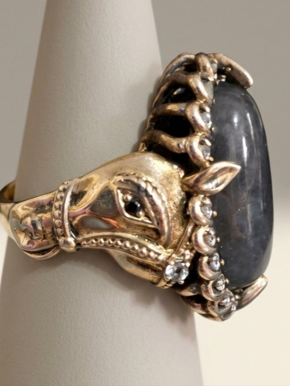 Vintage JOY 925 Sterling Silver Horse Head Labradorite Statement Ring Sz 8